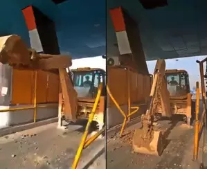Angry JCB driver held ahter he bulldozes toll booths