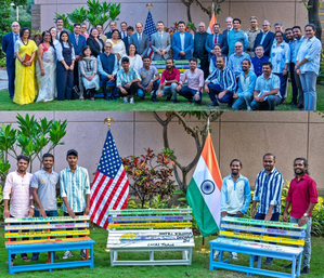 Thousands queuing for US visas can cool their heels on recycled plastic benches in Mumbai BKC