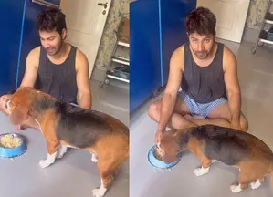 Varun Dhawan lovingly says khale as he feeds his pet Joey with his hands